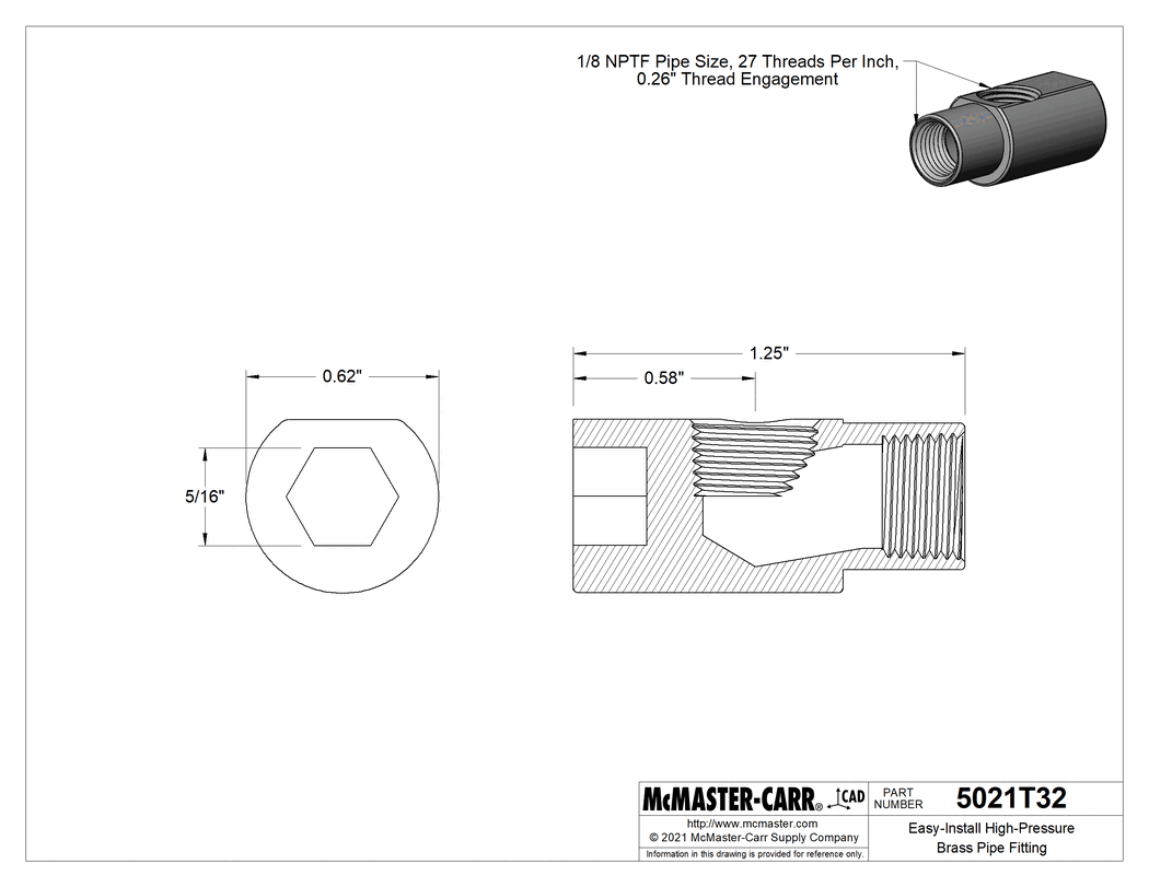 Technical Drawing of Easy-Install High-Pressure Brass Pipe Fitting, 90 Degree Connector with Hex Drive, 1/8 NPTF Female.